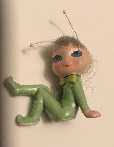 Vintage Enesco Pixie Girl Elf 2 Inches Tall Green Outfit Nylon Hair Antennas