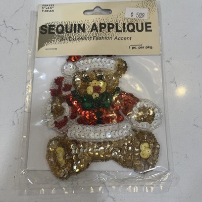 VINTAGE NIP WANGS INT'L CHRISTMAS TEDDY BEAR SEQUIN BEADS APPLIQUE PATCH 4.5x5 