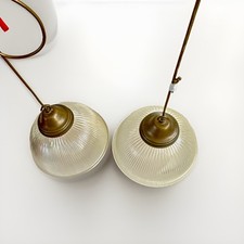 Jim Lawrence Foster Pendant Lights – Antiqued Brass & Fluted Glass – Pair