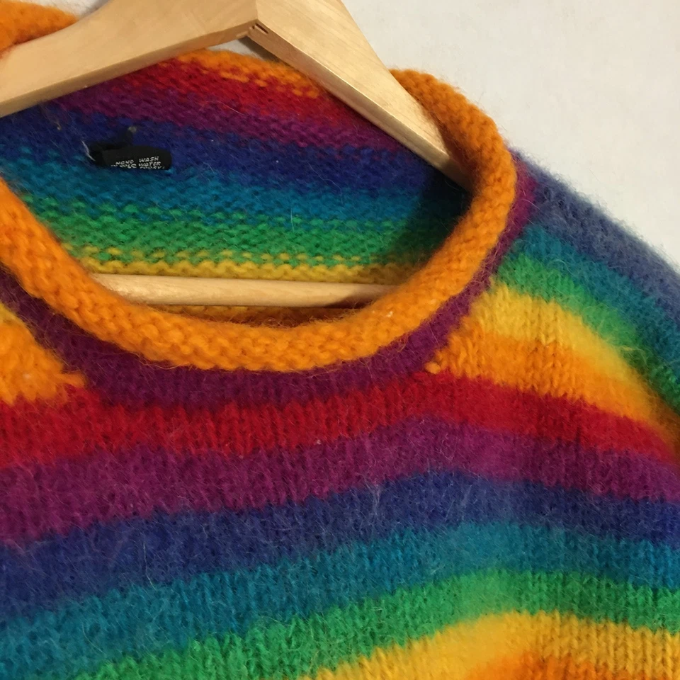 Rainbow Wool Sweater Rare Hand Knit Nepal Unisex Sz L Roll Neck Chunky - Image 4 of 4