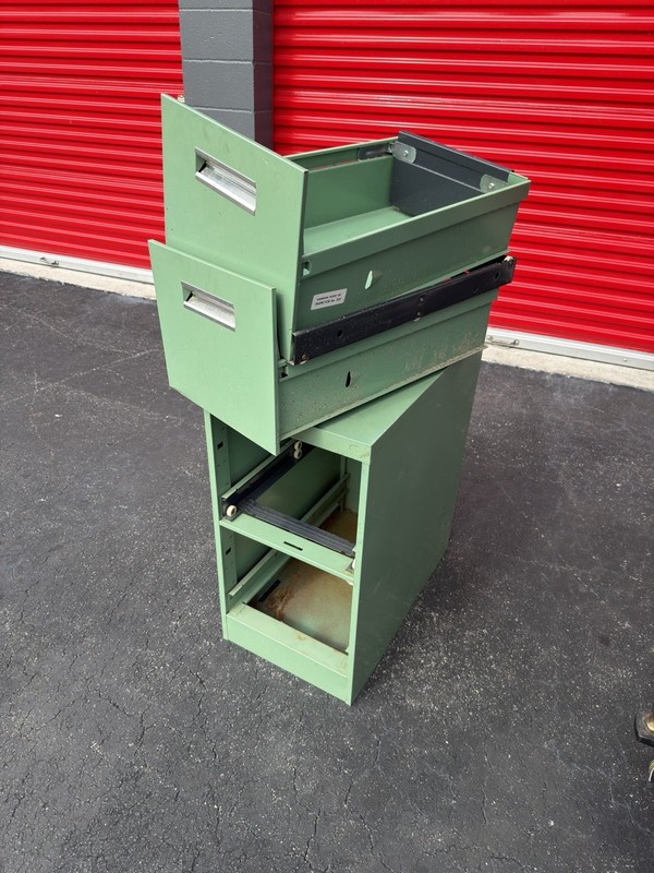Green Metal Warehouse Storage Cabinet w/ Pull-Out Drawer Bin & Open Bottom