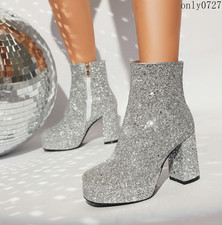 Women's Ankle Boots Glitter Sequins High Top Platform High Block Heel Shoes New