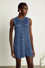 SANDRO PARIS Dress Knit Palmare Denim Tweed Silver Button Trapeze Blue Size L💙