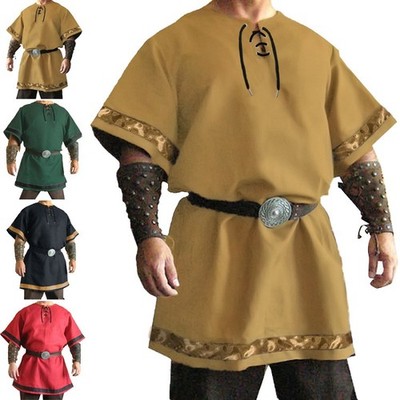 Herren Mittelalter Renaissance Tunika Kostüm Wikinger Nordländer Pirat Lange Top