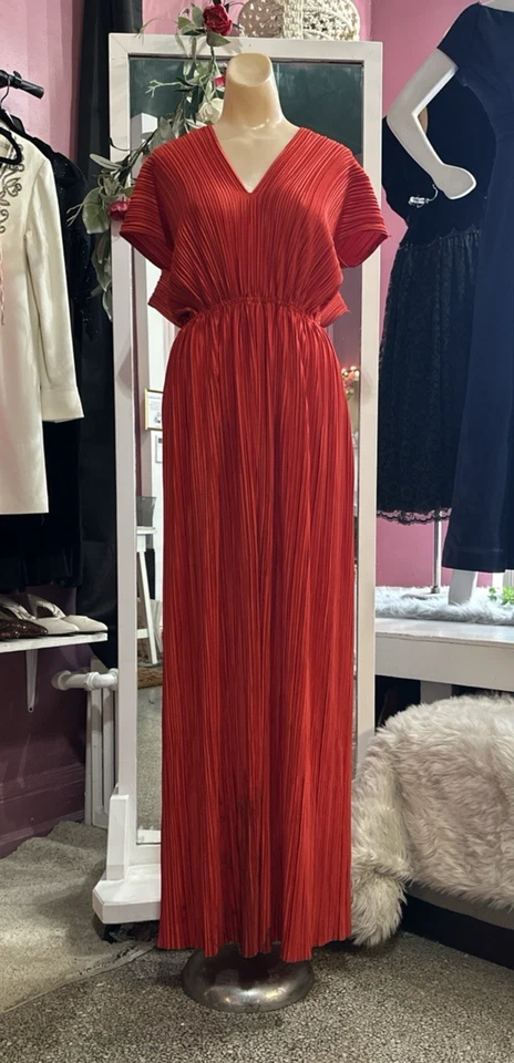 Maxi Vestido Plisado Vintage Años 70 80 Rojo Blusa Disco Glamour Noche Fiesta S/M/L Foto 2 de 4