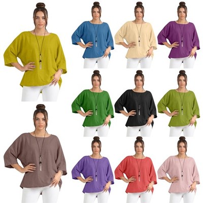 Italienische Damen Lagenlook Tunika Oberteil Lockere Passform 3/4 Arm Rundhals Halskette Oberteil