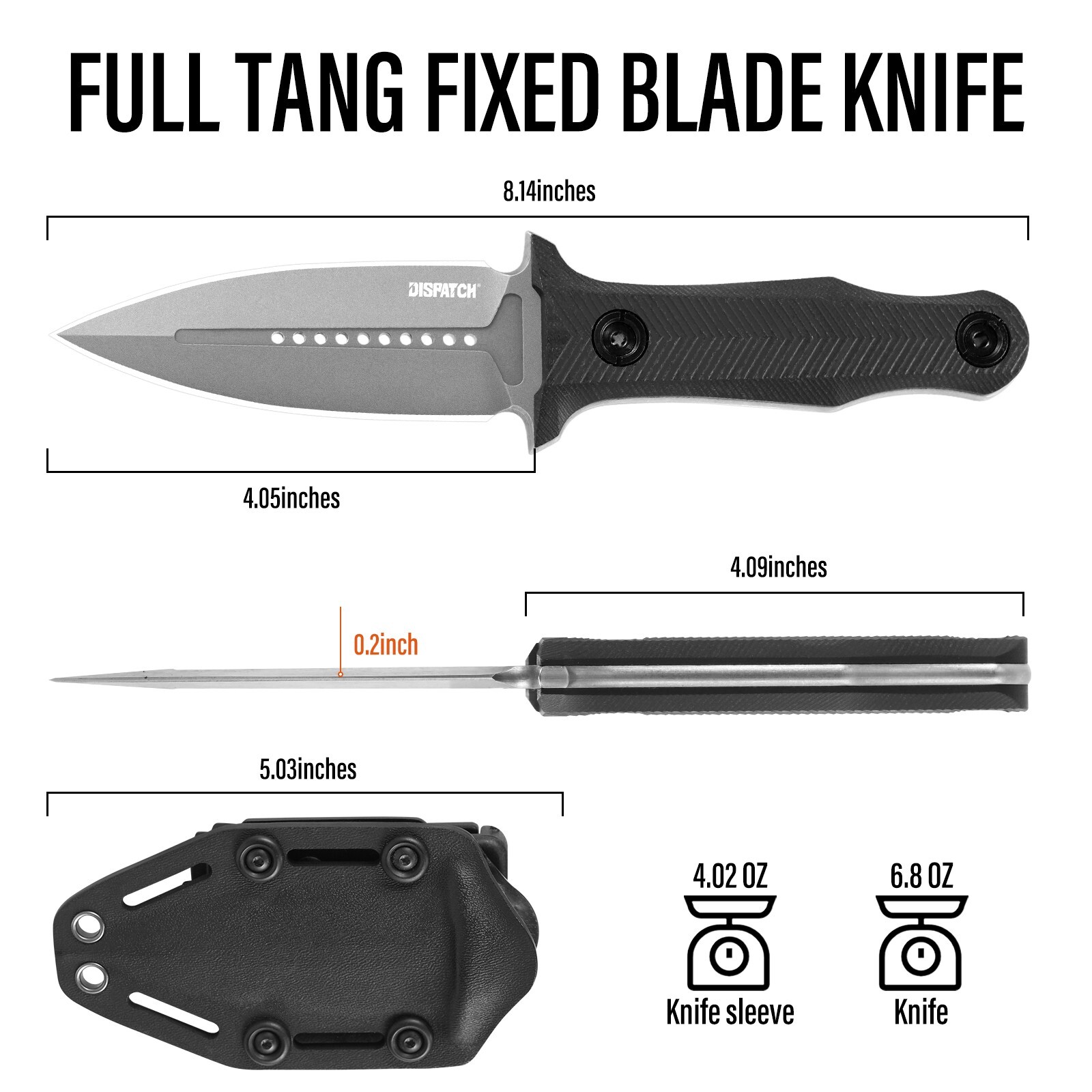 Dispatch8CR13MOV Double Edge Combat Knife 8"Full Tang w/ Kydex Sheath&G10 Handle