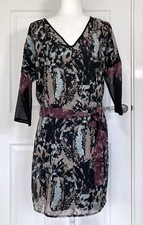 Laura Ashley Dress Size UK 10 Black Abstract Self Tie Belt Lined 3/4 Sleeves