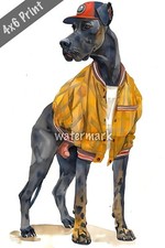 Great Dane in a retro baseball outfit watercolor Art 4x6 Print