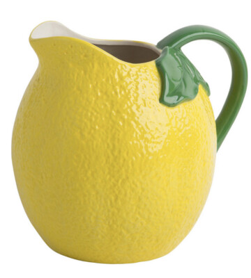 Home Essentials Yellow Lemon Stoneware Pitcher Green Handle Holds 48 fl oz NEW