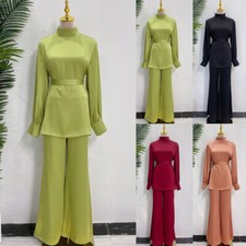 Muslim Women Tops Wide Leg Pants Set Abaya Kaftan Islamic Outfits Tracksuit Arab