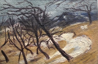 ÖLGEMÄLDE WINTER BÄUME IM SCHNEE ANTIK MINIATUR EXPRESSIONIST LANDSCHAFT - Bild 1 von 4