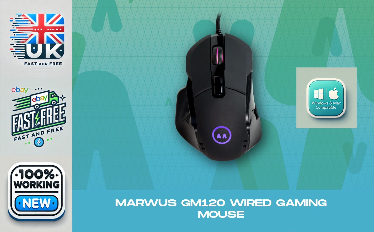 MarWus GM120 Wired optical gaming mouse 16000 DPI 7 Buttons Prog RGB Windows MAC