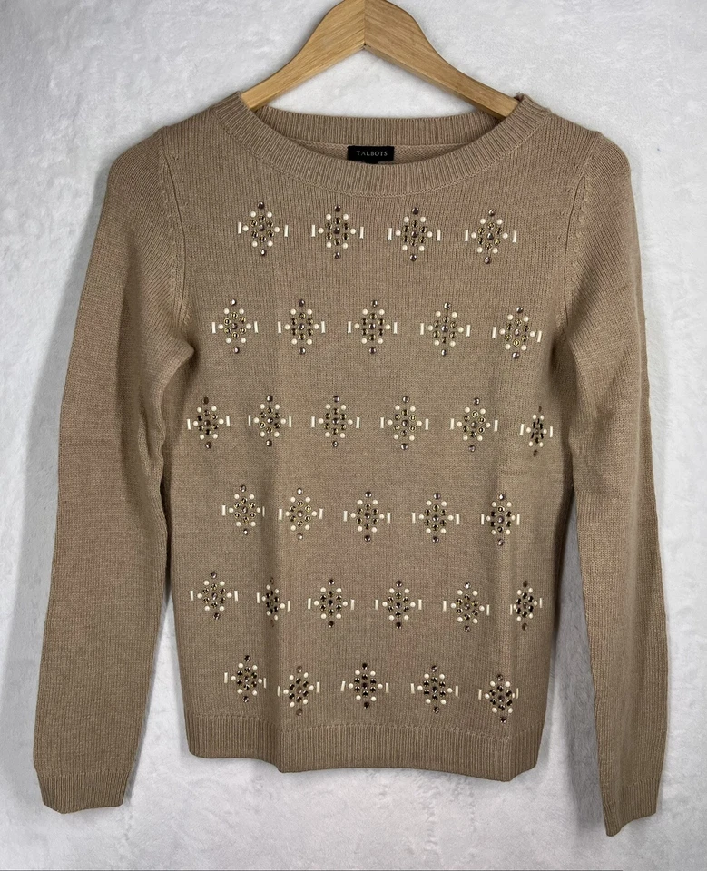 🆕 NUEVO Suéter Para Mujer TALBOTS Beige Estrás Talla XS Nuevo con Etiquetas ¡MUY CHIC! Foto 3 de 4