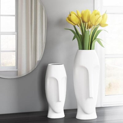 Howard Elliott Matte White Abstract Faces Ceramic Floor Vase Set, 2 Piece