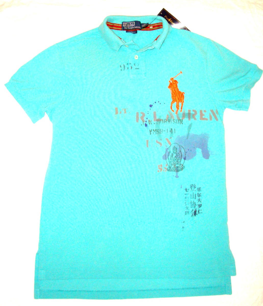 RALPH LAUREN CHINESE Graphic BIG POLO Men's Shirt Teal Blue Orange