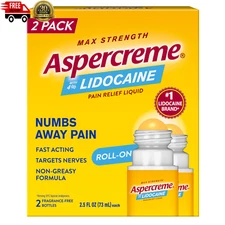 Max Strength Aspercreme 4% Lidocaine Pain Relief Liquid Roll-On, 2 Pack FREESHIP