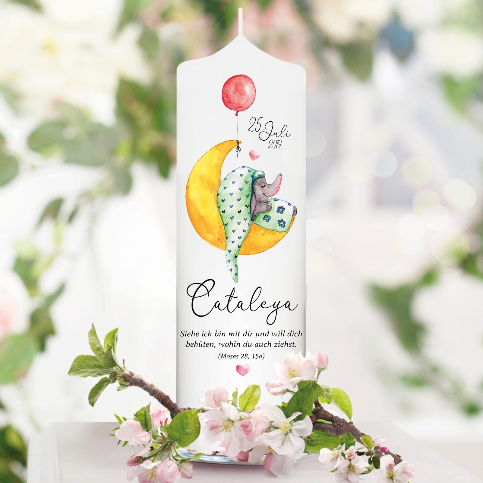 Weiße Taufkerze Kerze zur Taufe oder Geburt Elefant auf Mond mit Name Datum T...