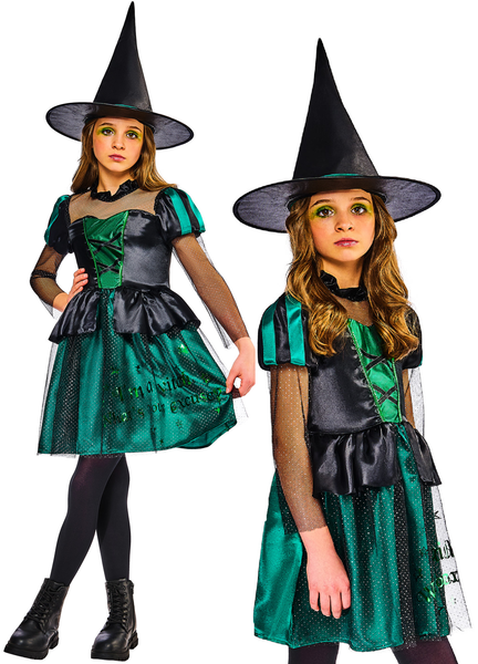 Wicked Hexe KostüM MäDchen Halloween GrüN Hexen KostüM Outfit Kinder + Hut-image