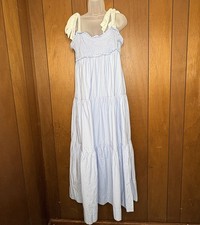 Lalavon Dress Women L Blue Tiered Tie Shoulder Smocked Cottagecore Fairy Prairie