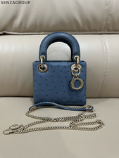 Dior Lady Dior 3-grid Ostrich Leather Blue Top Handle Bag For Women