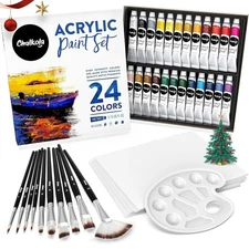 Chalkola 40 Acrylic Paint Set: 24x 22ml Paints, Brushes, Canvas & Palette