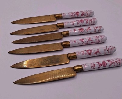 6 Antike Uchatius Bronze Obstmesser mit handbemaltem floralem Porzellan Griff 