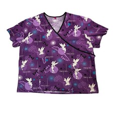 Disney Tinker Bell Scrub Women  s Sz L Top Purple Mock Wrap Cotton Nurse Uniform
