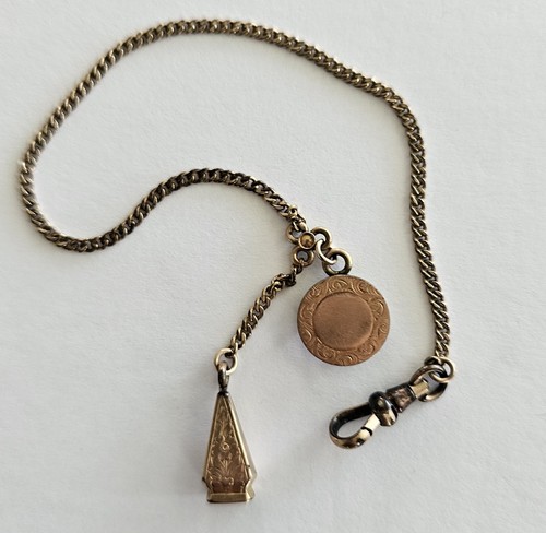 Victorian Gold tone pocket watch chain with unusual fob to fit over a button