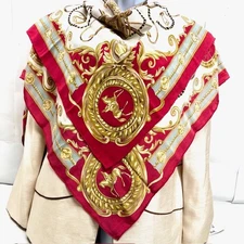 Forele Silk Scarf Satin  - Vintage - Large 42"42" pink  red Ivery gold   (48)