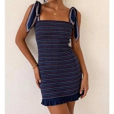 Storia Womens Navy Blue Striped Smocked Bodycon Mini Dress Tie Straps Small