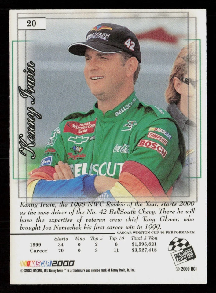 Kenny Irwin 2000 Press Pass Premium #20 SABCO Racing Bellsouth - Image 2 of 2