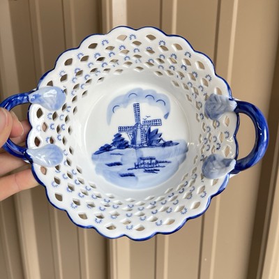 Vtg Decorative Cobalt Basket Porcelain Round Bowl Delftware Royal Twickel Handle