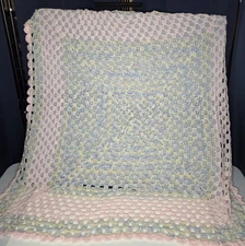 Handmade Crochet Baby Afghan Pink Multi Blue/White  47x 49” Swaddle Lap Blanket