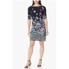 Eliza J Womens Floral Polka Dot Elbow Sleeve Shift Dress Navy Womens Size 12