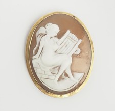 Antico Donna Figura Con Arpa Cammeo 14k Oro Ovale Musica Pin O Ciondolo