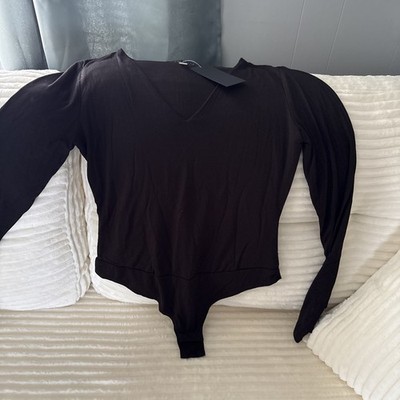Final Touch Modal Rayon Black Bodysuit Medium Long Sleeve