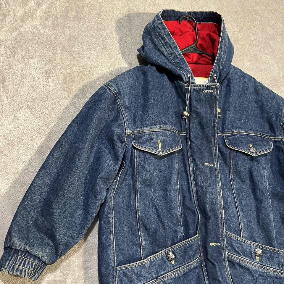 Denim Parka Jacket Womens Medium Blue Hooded Insulated Zip Pockets Red Lining - Image 2 of 4