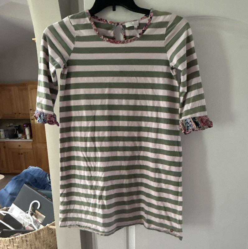 Matilda Jane Girls 14 Tunic T-dress Green/White Stripe Ruffle 3/4 Sleeve