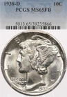 1938-D 10C PCGS MS65 FB Mercury Silver Dime Full Bands Gem Uncirculated
