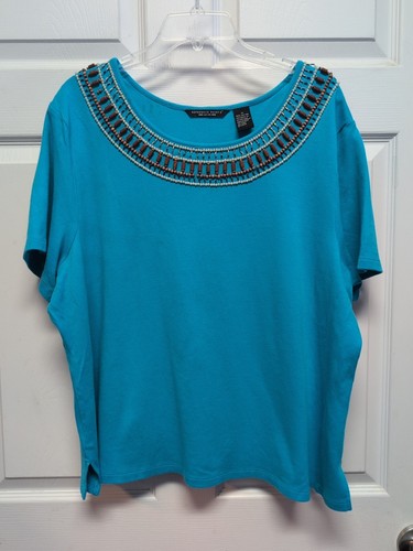 Beaded Women Top Size XL Turquoise Short Sleeve Stretchy Bling