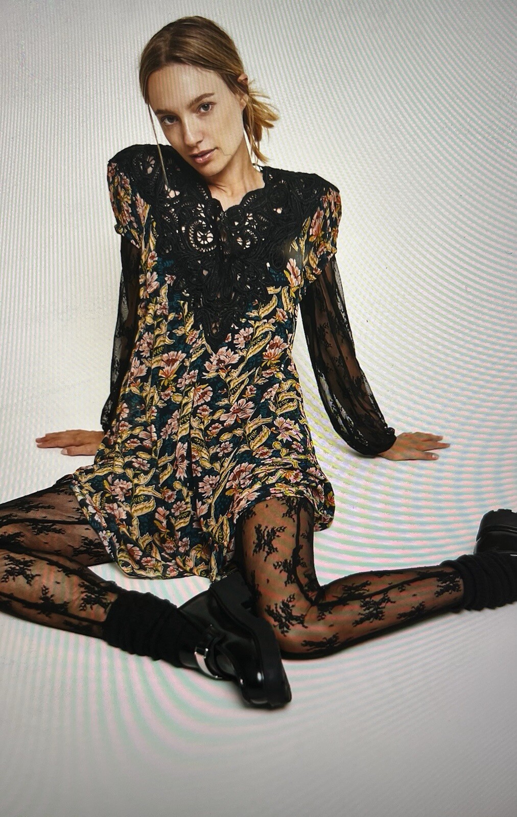 NWOT Free People Margot Black Floral And Lace Babydoll Mini Dress Small