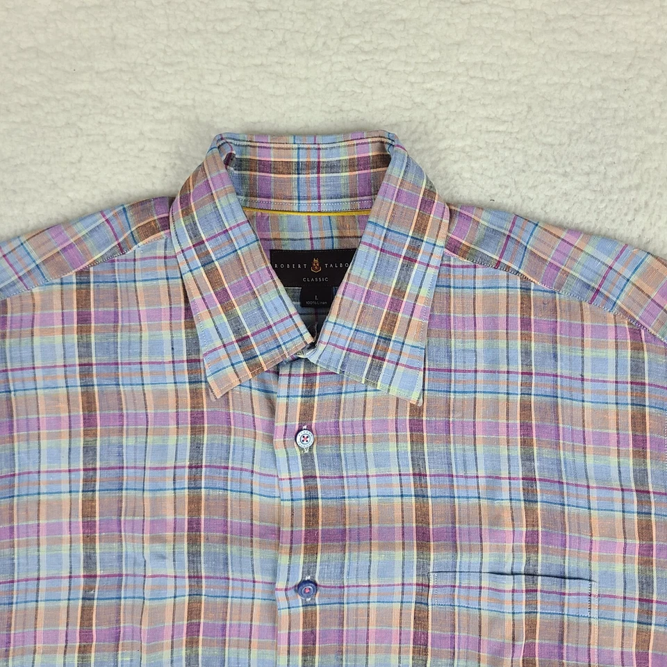 Camisa Robert Talbott Para Hombre Grande Azul Marrón Púrpura Cuadros Clásica Lino Abotonada Foto 4 de 4