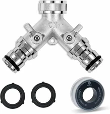 Morvat Nickel Plated Brass Garden Hose 2-Way Splitter & Quick Connect Fittings