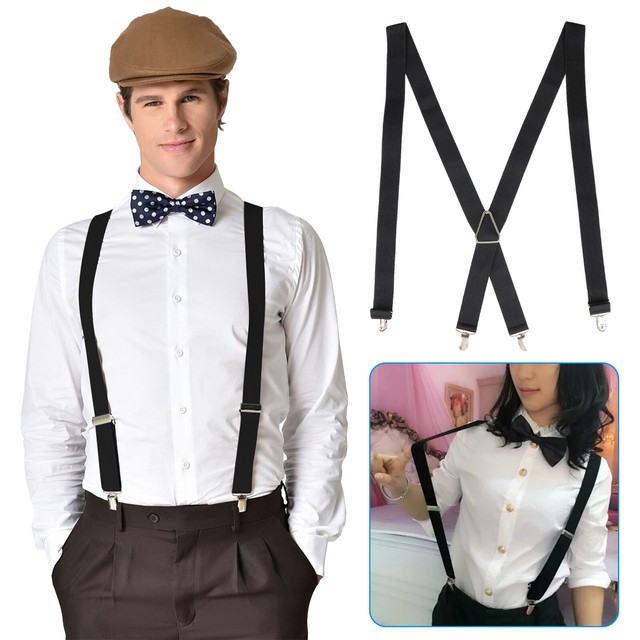 Mens Black Xback Clipon Suspenders Adjustable Elastic Retro Formal
