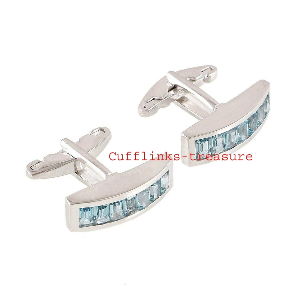 天然蓝色黄玉宝石带 925 纯银袖扣男式 #894 — 第 2/3 张图片