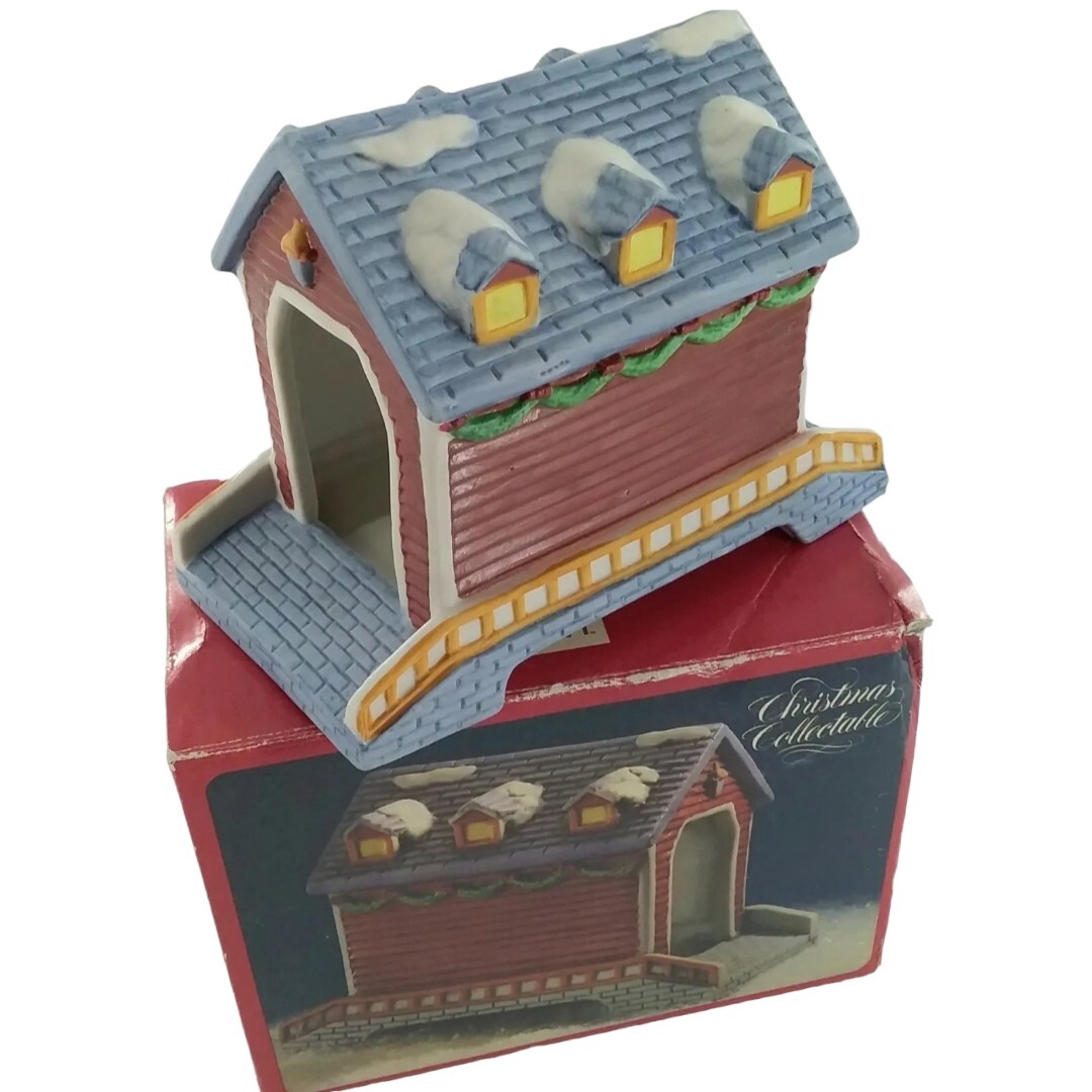 1991 Santa's Best Hand-Painted Porcelain Covered Bridge Christmas Collectible