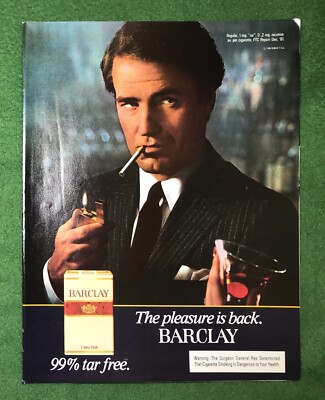 vintage mag ad BARCLAY 99% Tar Free Cigarettes smoking tobacco smoke 1980s  guy
