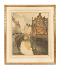 Antique Julien Van Santen Etching Print European City Street Scene Canal River