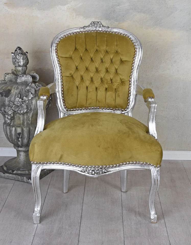 Barock Sessel Silber Samtsessel Armlehnstuhl Antik Stuhl Armlehnsessel Rokoko - Bild 3 von 4